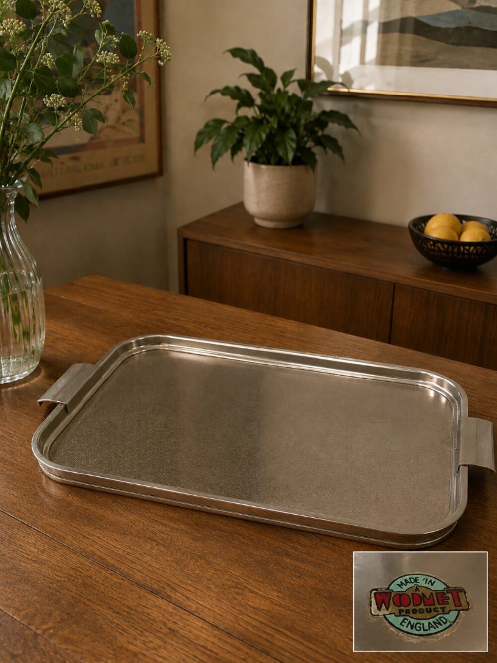 Vintage WOODMET England Gold-Tone Aluminum Serving Tray MCM Barware Hostess Tray